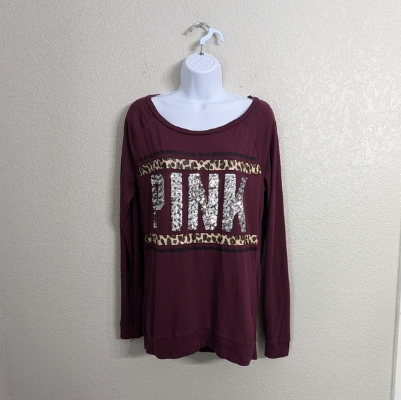 PINK Victoria's Secret Woman Burgundy Long Sleeve Tee T-Shirt Silver Sequins S - Picture 2 of 9